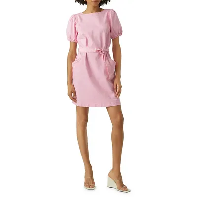 Puff-Sleeve Belted Shift Dress