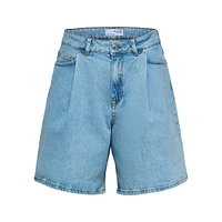 Short plissé en denim de coton biologique extensible