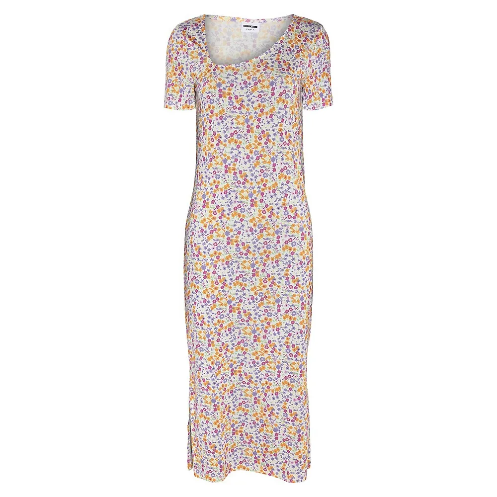 Robe t-shirt maxi asymétrique à motif de petites fleurs