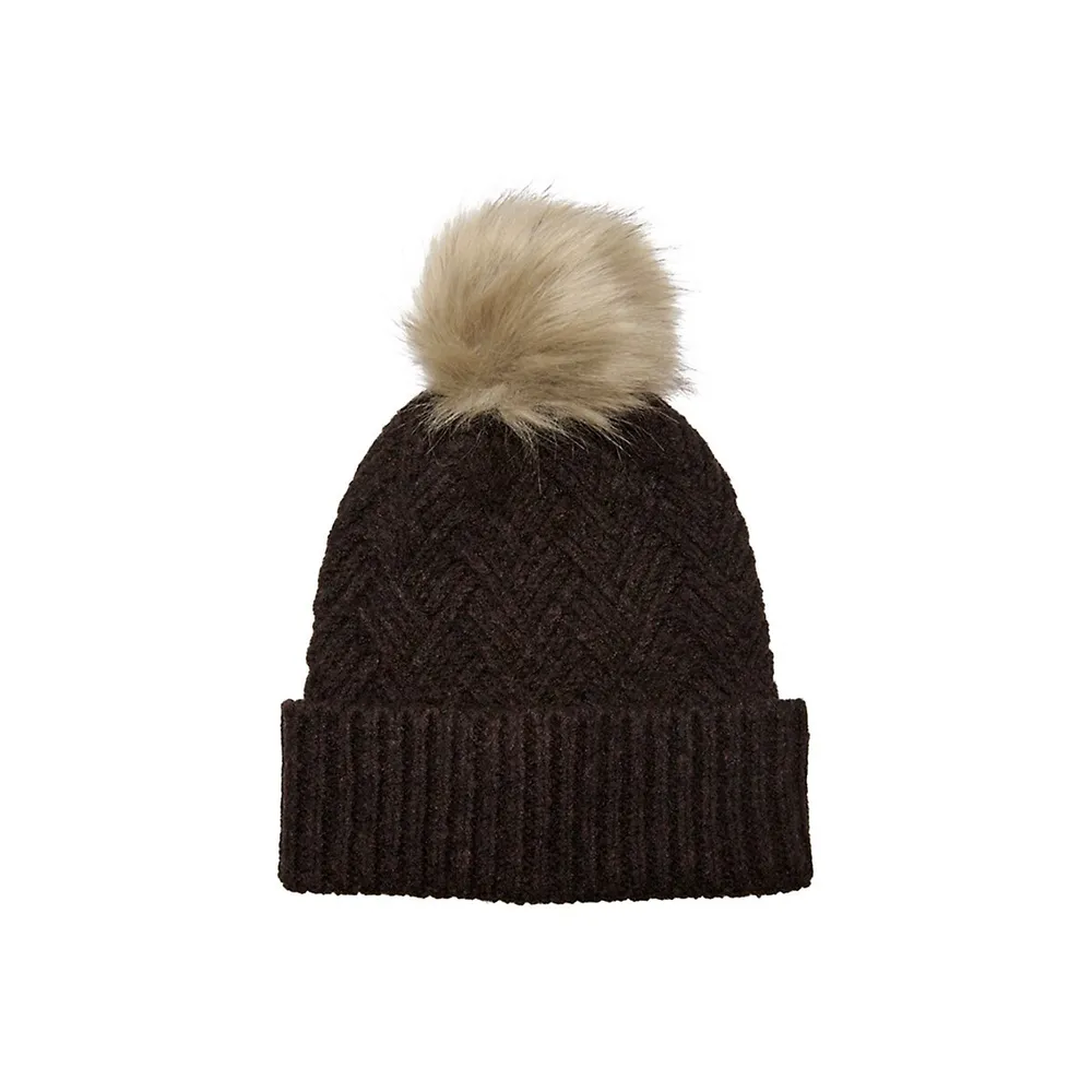Kate Life Faux Fur Pom-Pom Chevron Toque