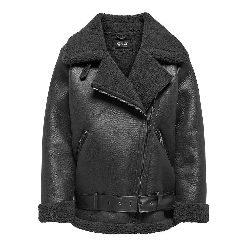 Faux Leather and Shearling Aviator Jacket