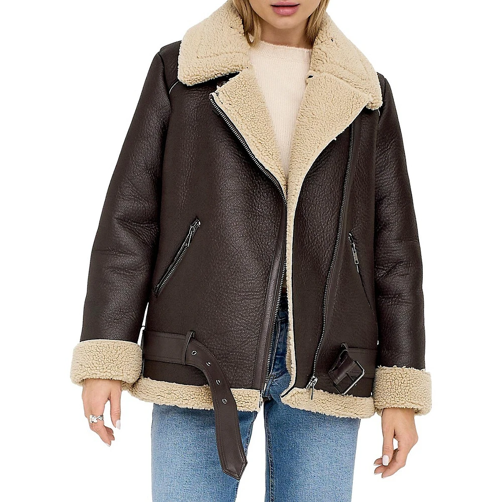 Faux Leather and Shearling Aviator Jacket