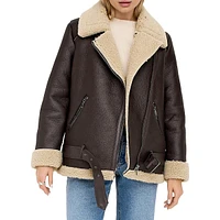 Faux Leather and Shearling Aviator Jacket