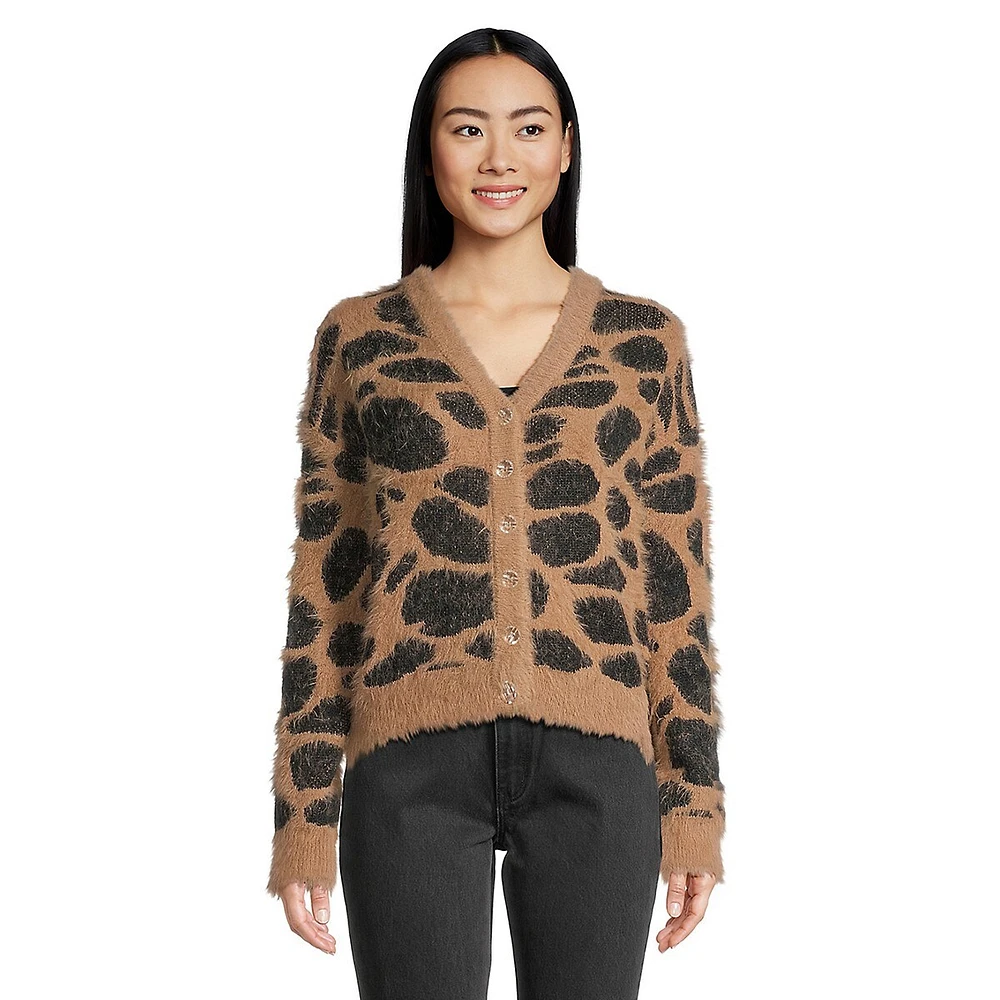 Classy Printed V-Neck Fuzzy Cardigan