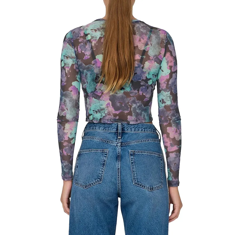 Paris Floral-Print Mesh Crop Top