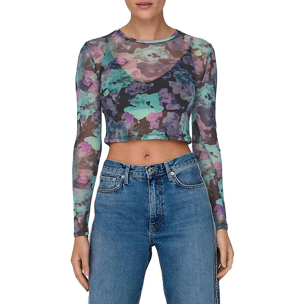 Paris Floral-Print Mesh Crop Top