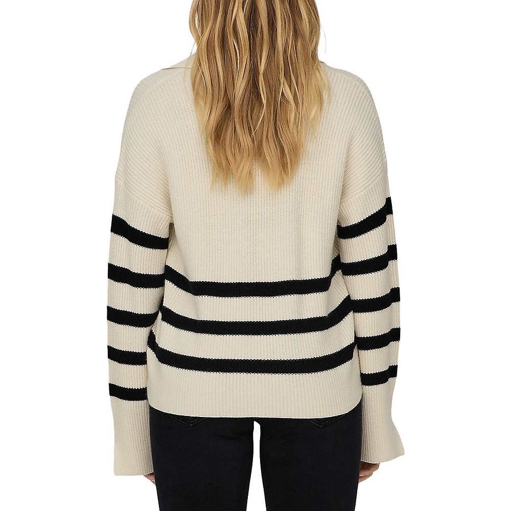 Johnny-Collar Striped Sweater