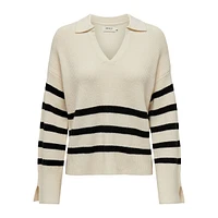 Johnny-Collar Striped Sweater