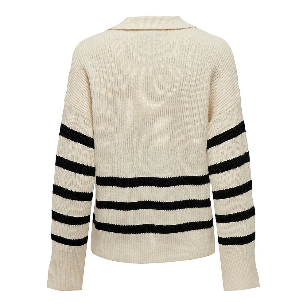 Johnny-Collar Striped Sweater