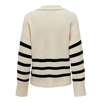 Johnny-Collar Striped Sweater