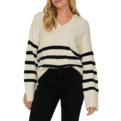Johnny-Collar Striped Sweater