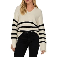 Johnny-Collar Striped Sweater