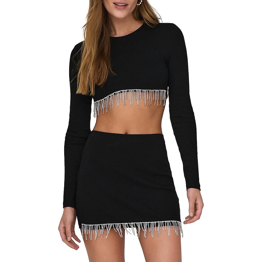 Rhinestone-Fringe Ribbed Cropped Top