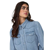 Corey Puff-Sleeve Western Denim Shirt