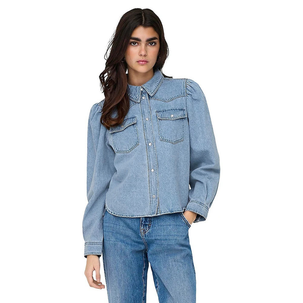 Corey Puff-Sleeve Western Denim Shirt