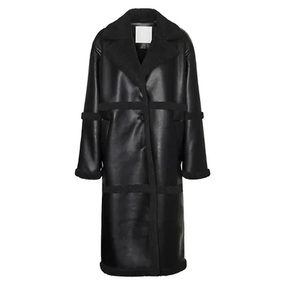 Faux Leather & Shearling Longline Coat