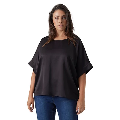 Plus Merle O-Neck Cuffed-Sleeve Top