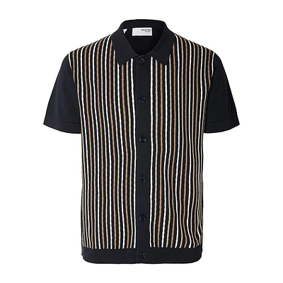 Mattis Striped Organic Cotton Knit Cardigan Polo Shirt