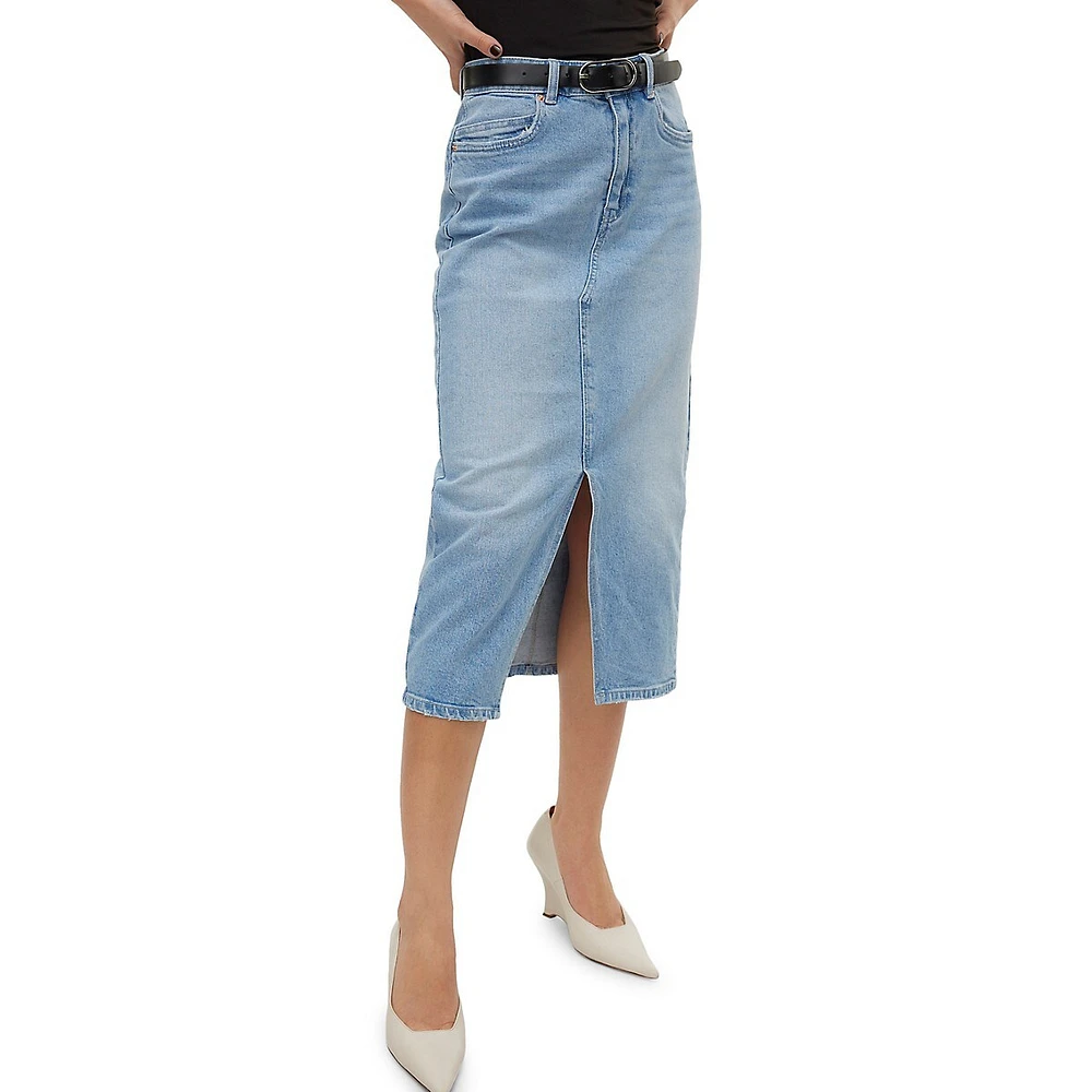 High-Waist Denim Midi Skirt
