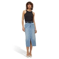 High-Waist Denim Midi Skirt