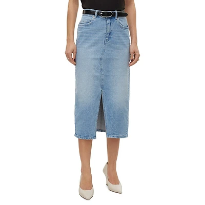High-Waist Denim Midi Skirt