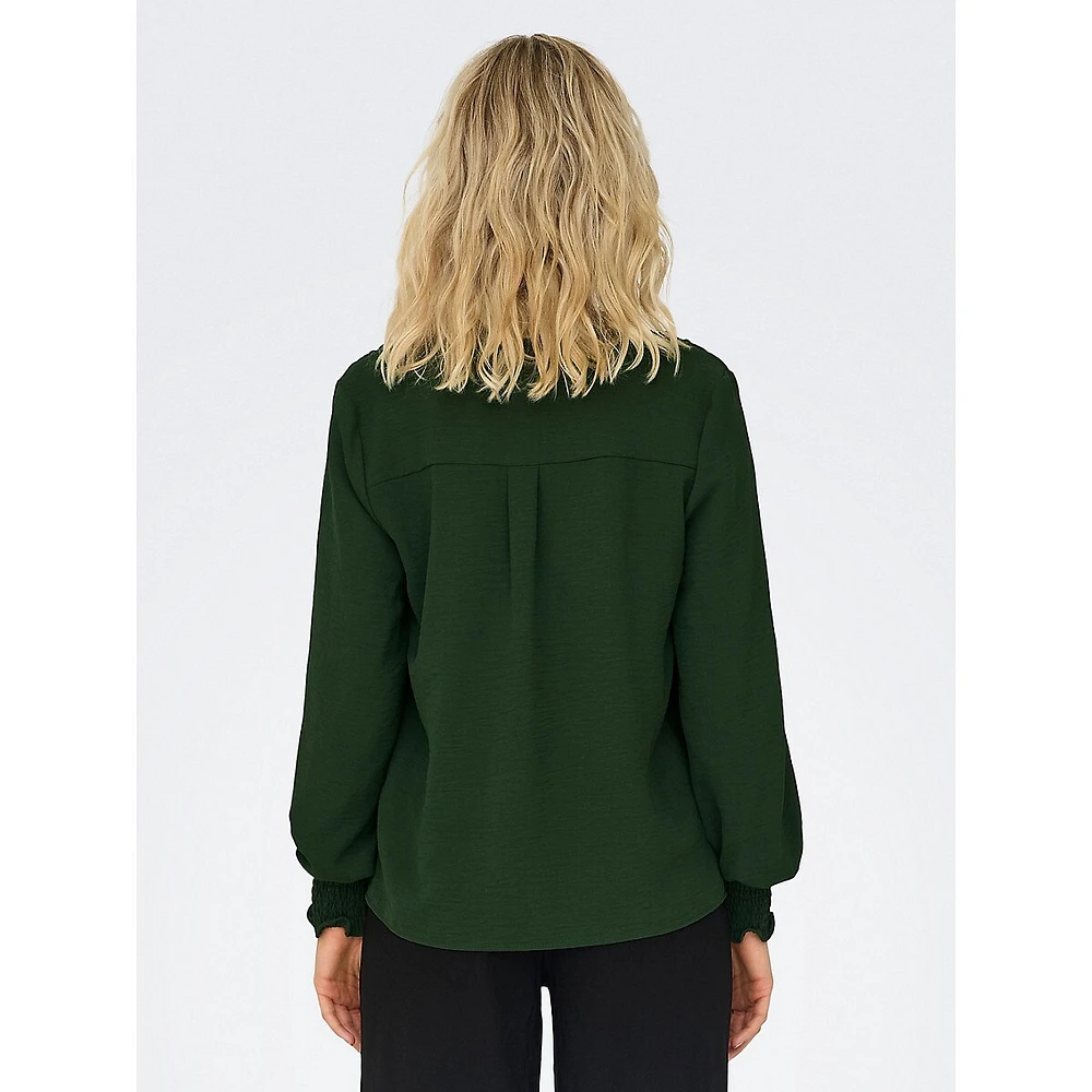 Mette Smock-Cuff Splitneck Blouse