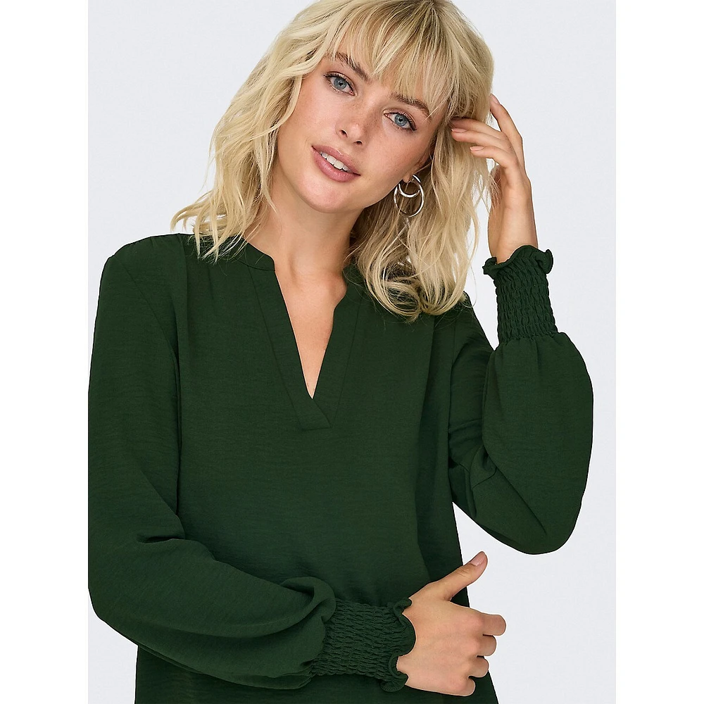 Mette Smock-Cuff Splitneck Blouse