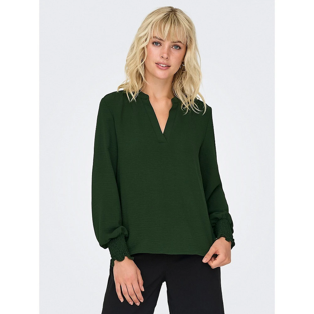 Mette Smock-Cuff Splitneck Blouse