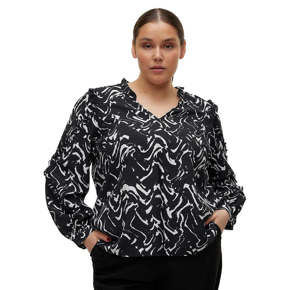 Plus V-Neck Ruffled Print Blouse