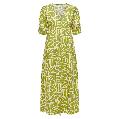 Linen-Blend Print Midi Dress
