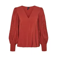 Plus V-Neck Embroidered-Sleeve Blouse