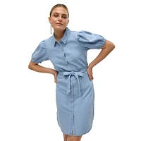 Puff-Sleeve Denim Shirtdress