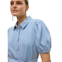 Puff-Sleeve Denim Shirtdress