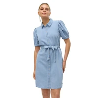 Puff-Sleeve Denim Shirtdress