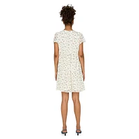 Floral Flutter-Sleeve Swiss Dot Mini Dress