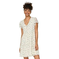 Floral Flutter-Sleeve Swiss Dot Mini Dress