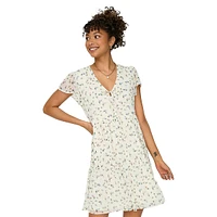 Floral Flutter-Sleeve Swiss Dot Mini Dress