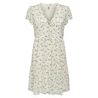 Floral Flutter-Sleeve Swiss Dot Mini Dress