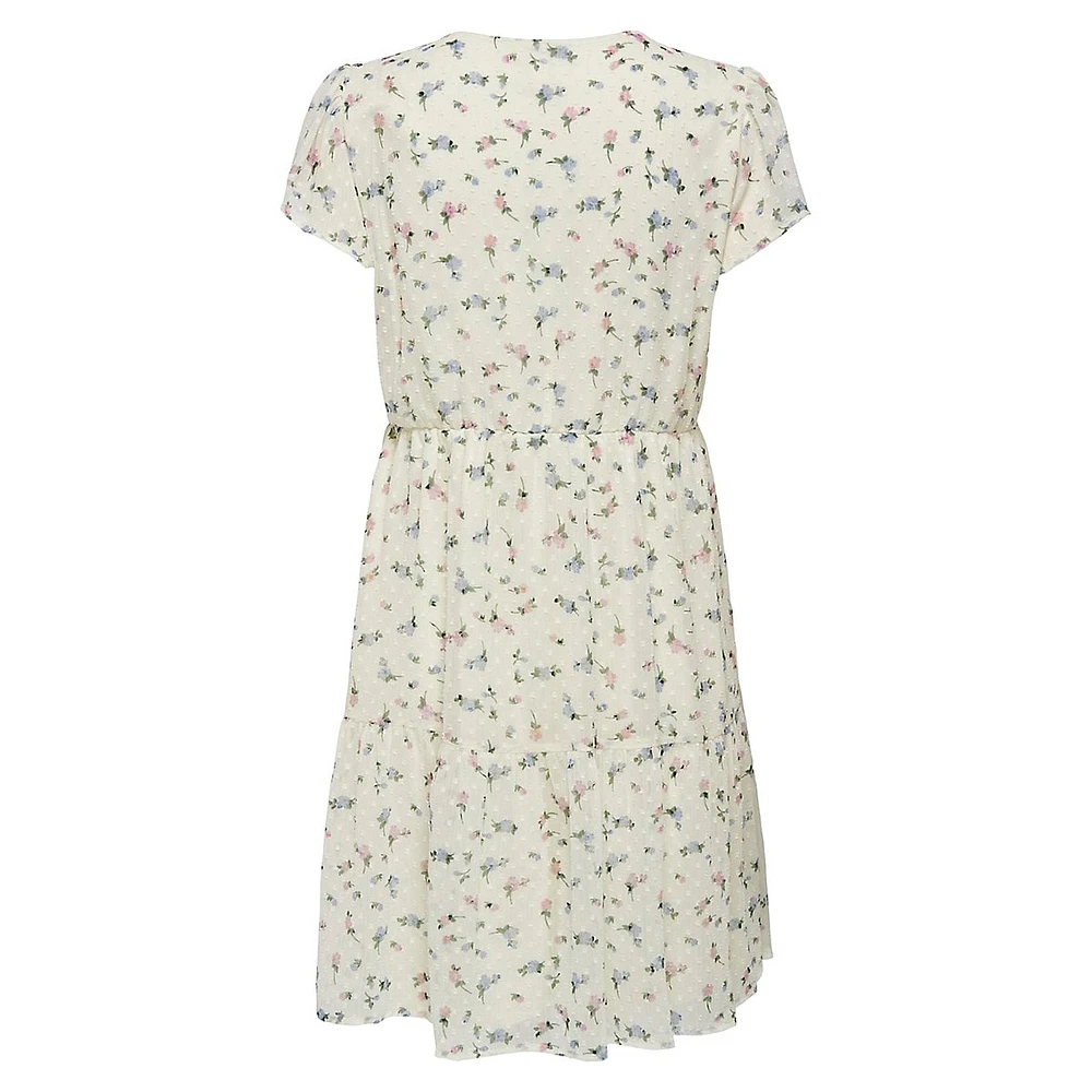 Floral Flutter-Sleeve Swiss Dot Mini Dress