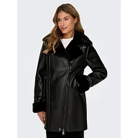 Faux Shearling & Leather Mid-Length Aviator Coat