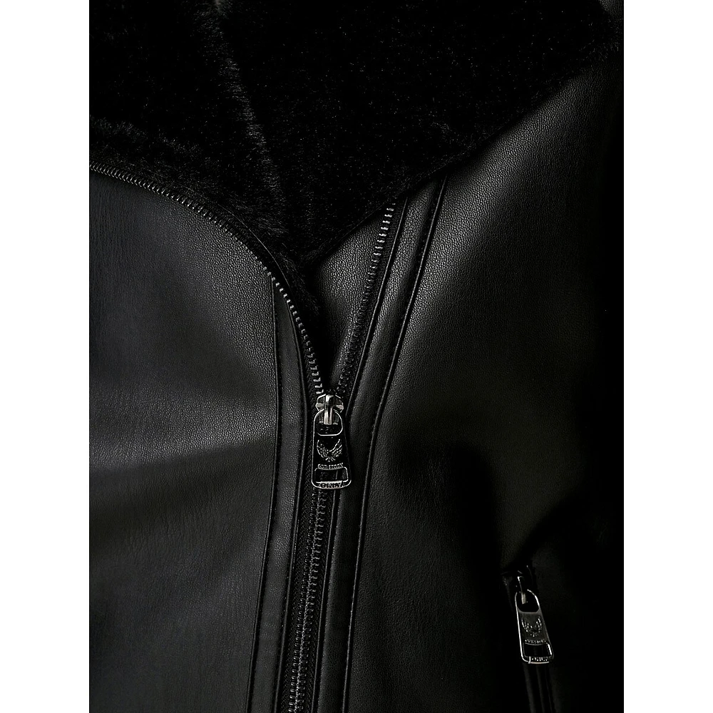 Faux Shearling & Leather Mid-Length Aviator Coat