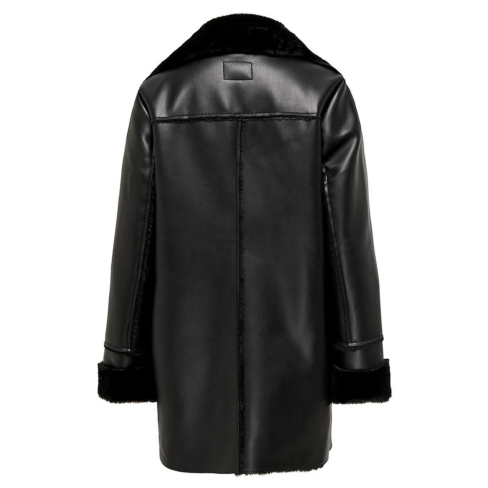 Faux Shearling & Leather Mid-Length Aviator Coat