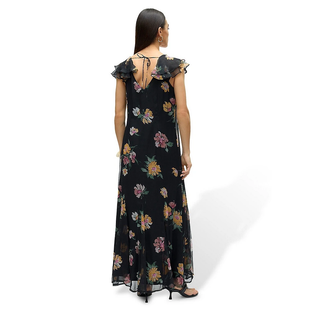 Printed Tie-Back Flutter-Sleeve Midi Dress