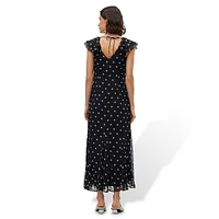 Printed Tie-Back Flutter-Sleeve Midi Dress