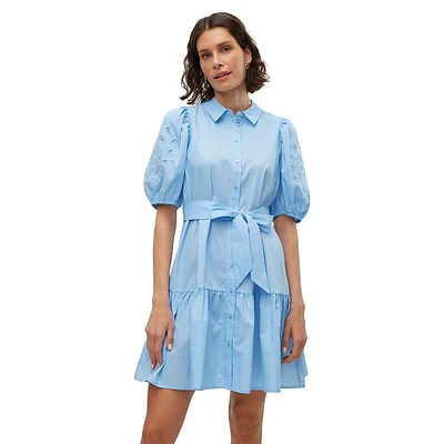 Melio Tied Puff-Sleeve Embroidered Shirt Dress