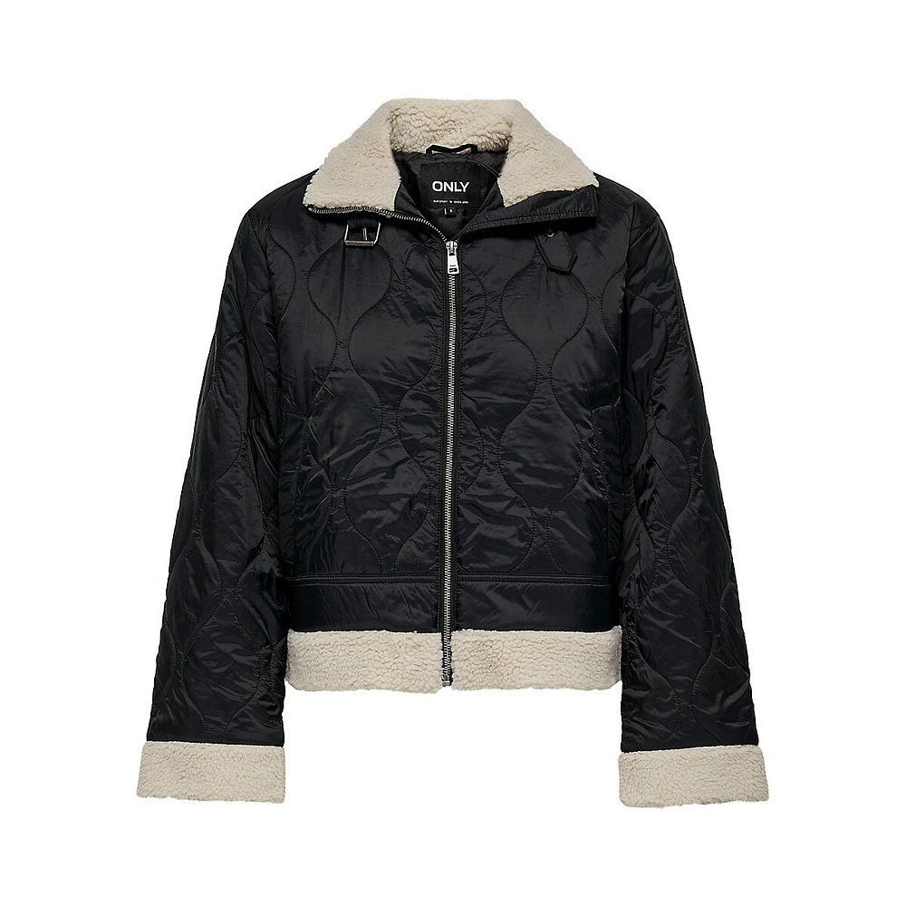 Faux Shearling-Trim Quilted Aviator Jacket