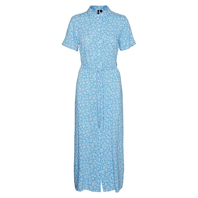 Plus Short-Sleeve Belted Maxi Shirt Dress