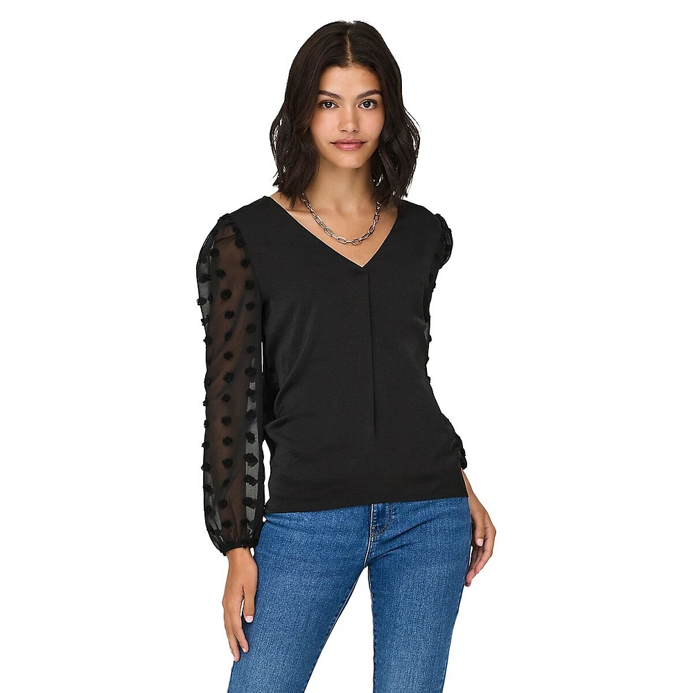 Emery V-Neck Dotted-Mesh Blouse