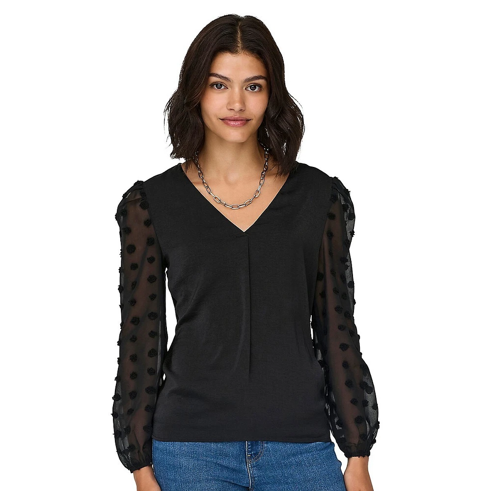 Emery V-Neck Dotted-Mesh Blouse