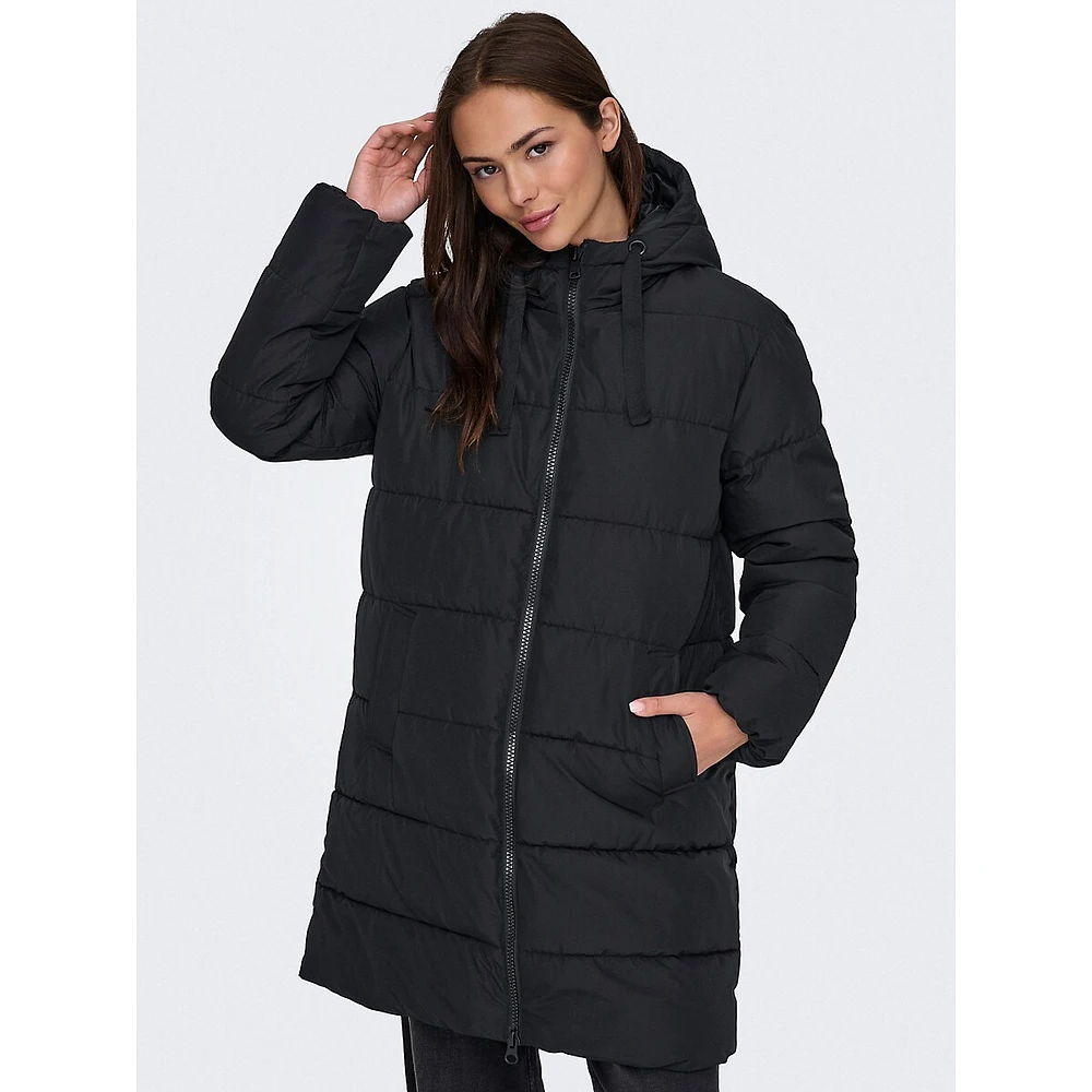 Channel-Quilted Mid-Length Puffer Coat